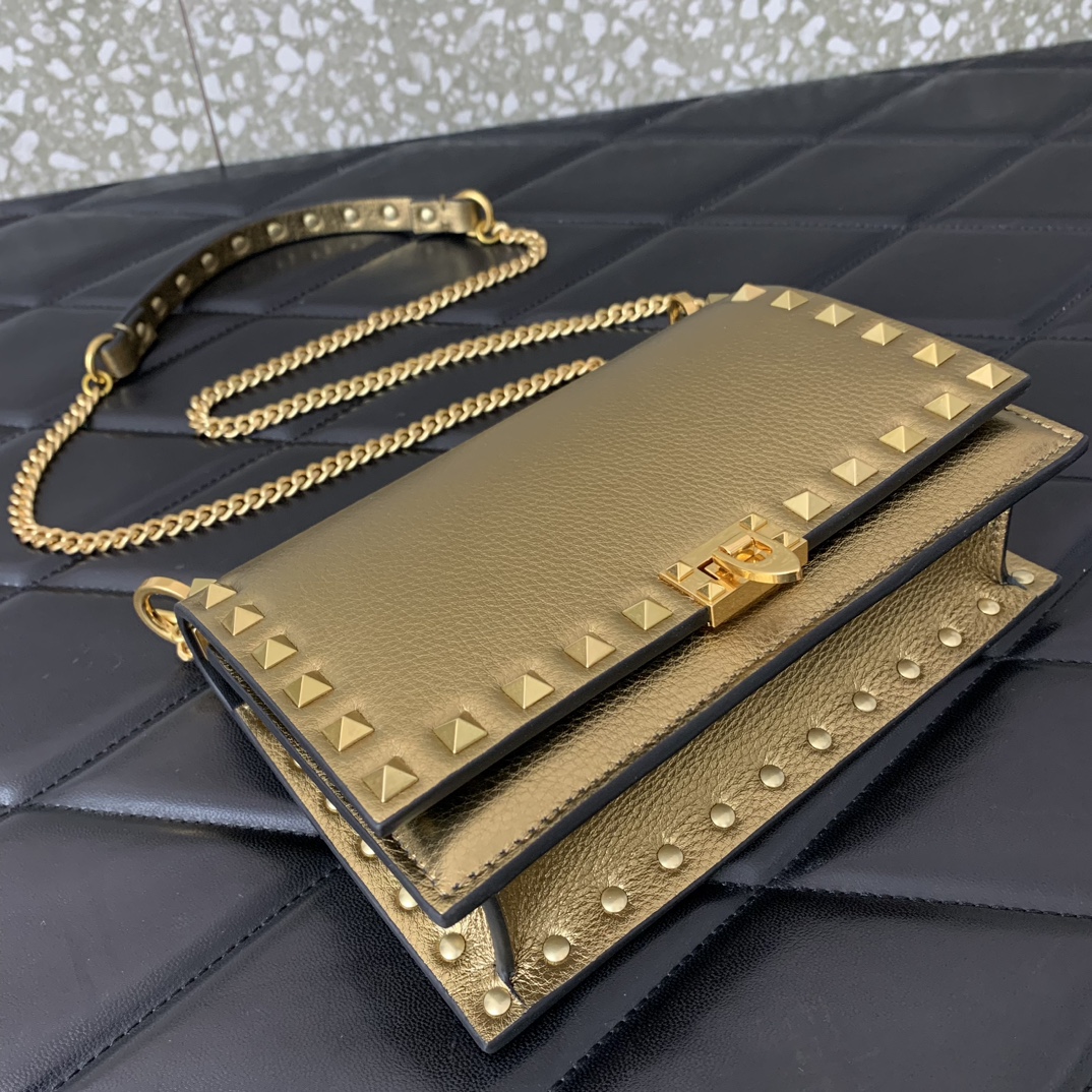 Valentino Garavani Rockstud Small Shoulder Bag in Gold Grainy Calfskin